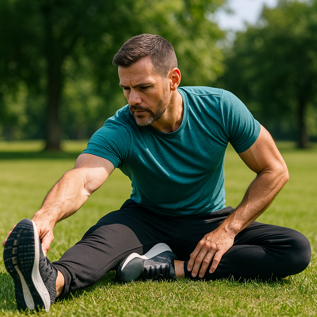 Hombre estirando en un campo verde